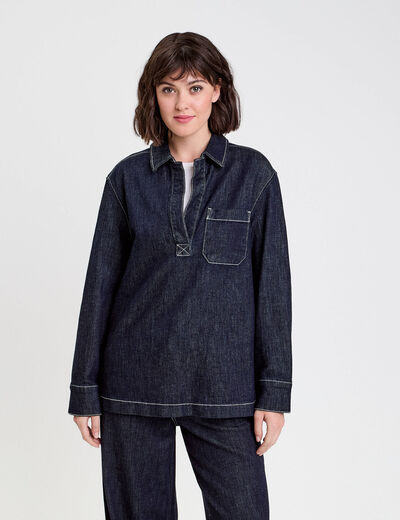Blouse col chemise manches longues denim brut femme