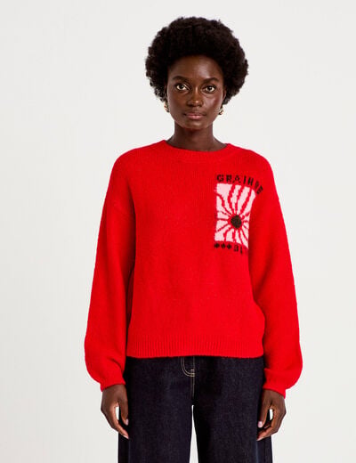 Pull ample col rond manches longues rouge femme