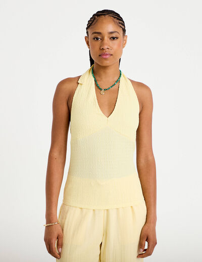 Top cintr&eacute; sans manches avec relief jaune pastel femme