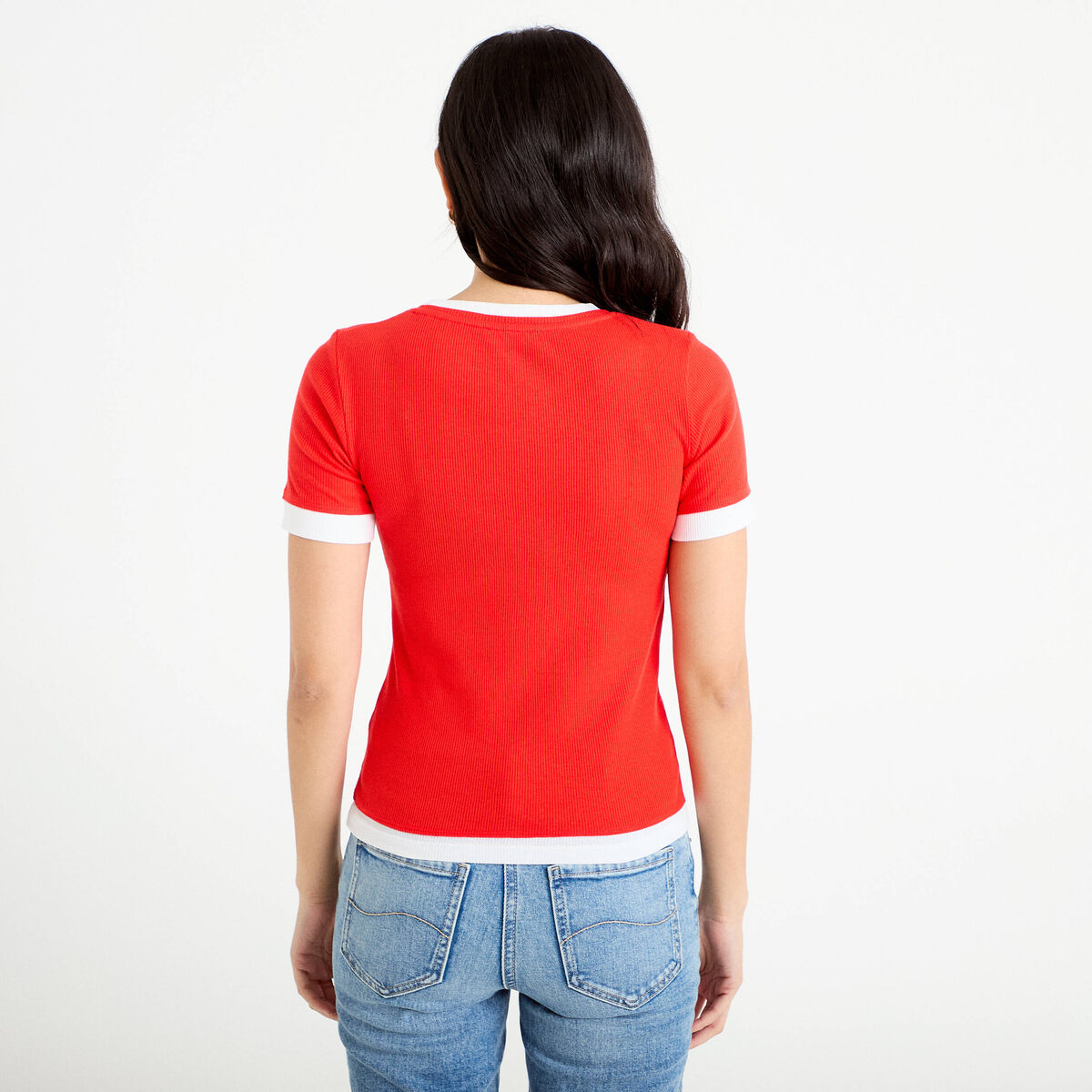 T-shirt ajust&eacute; col rond manches courtes rouge femme