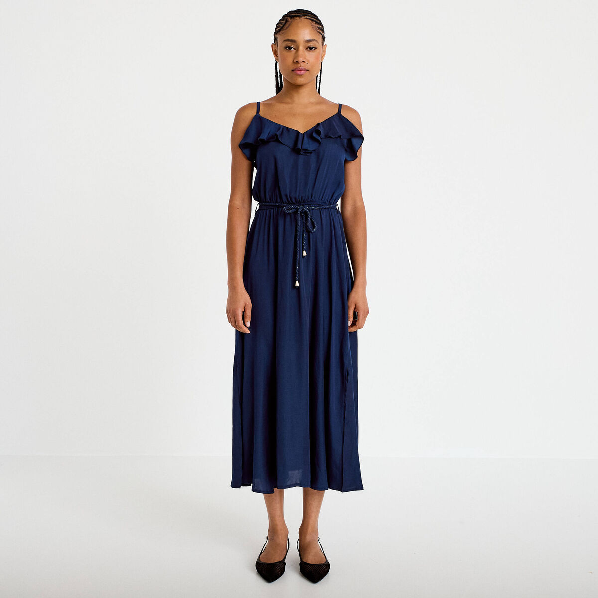Robe longue &eacute;vas&eacute;e col v bretelles bleu marine femme