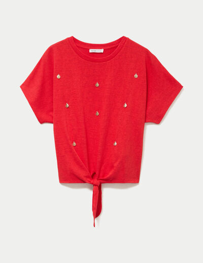 T-shirt col rond manches courtes noeuds rouge femme