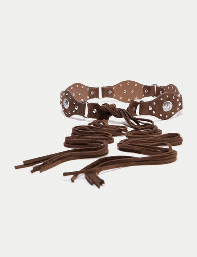 Ceinture large aspect daim avec lien marron femme