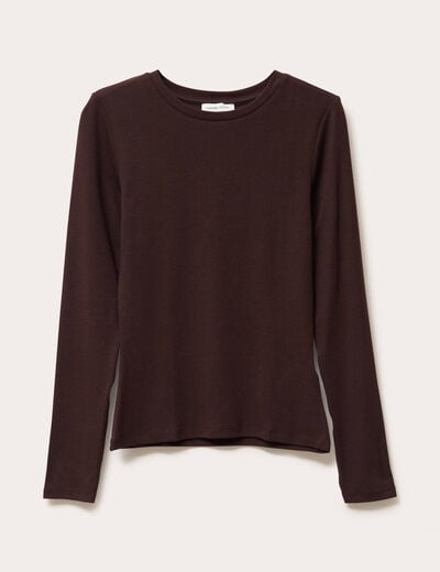 T-shirt cintr&eacute; col rond manches longues marron fonc&eacute; femme