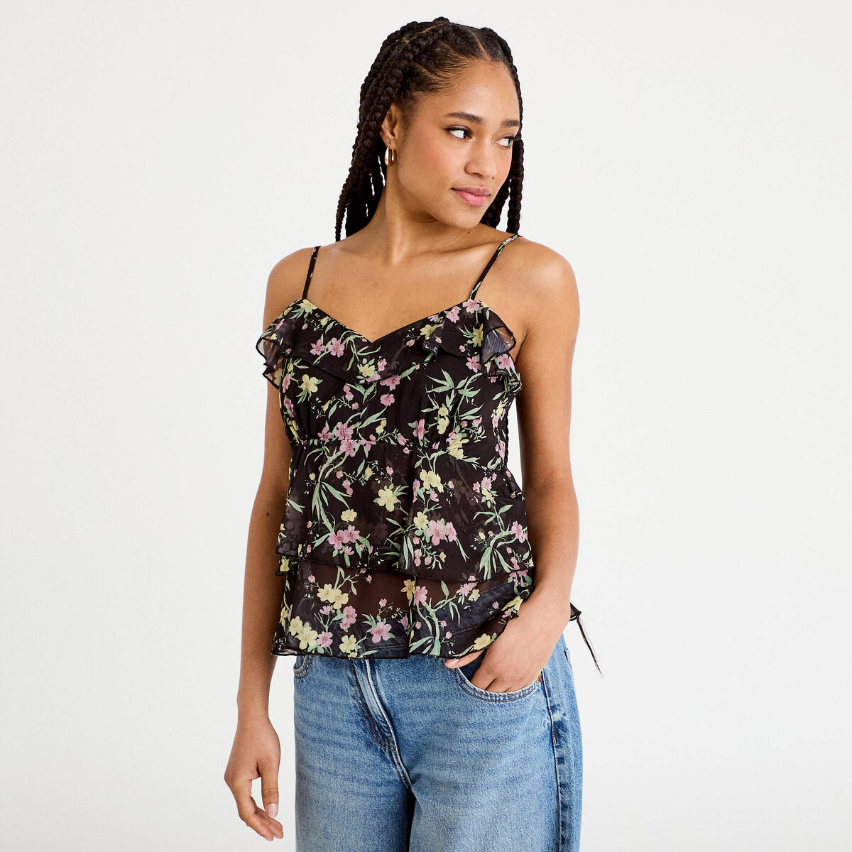 Top fines bretelles voile col v noir femme
