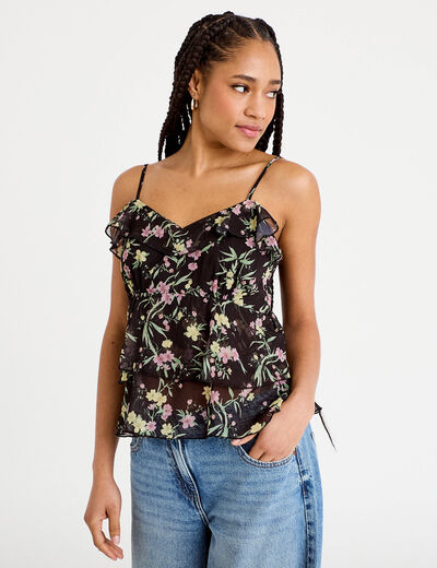 Top fines bretelles voile col v noir femme