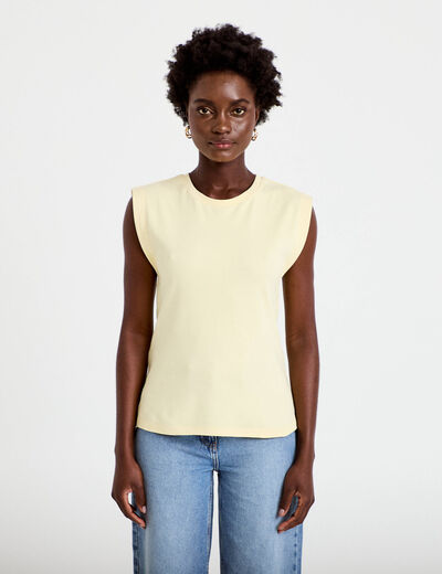T-shirt col rond sans manches jaune pastel femme