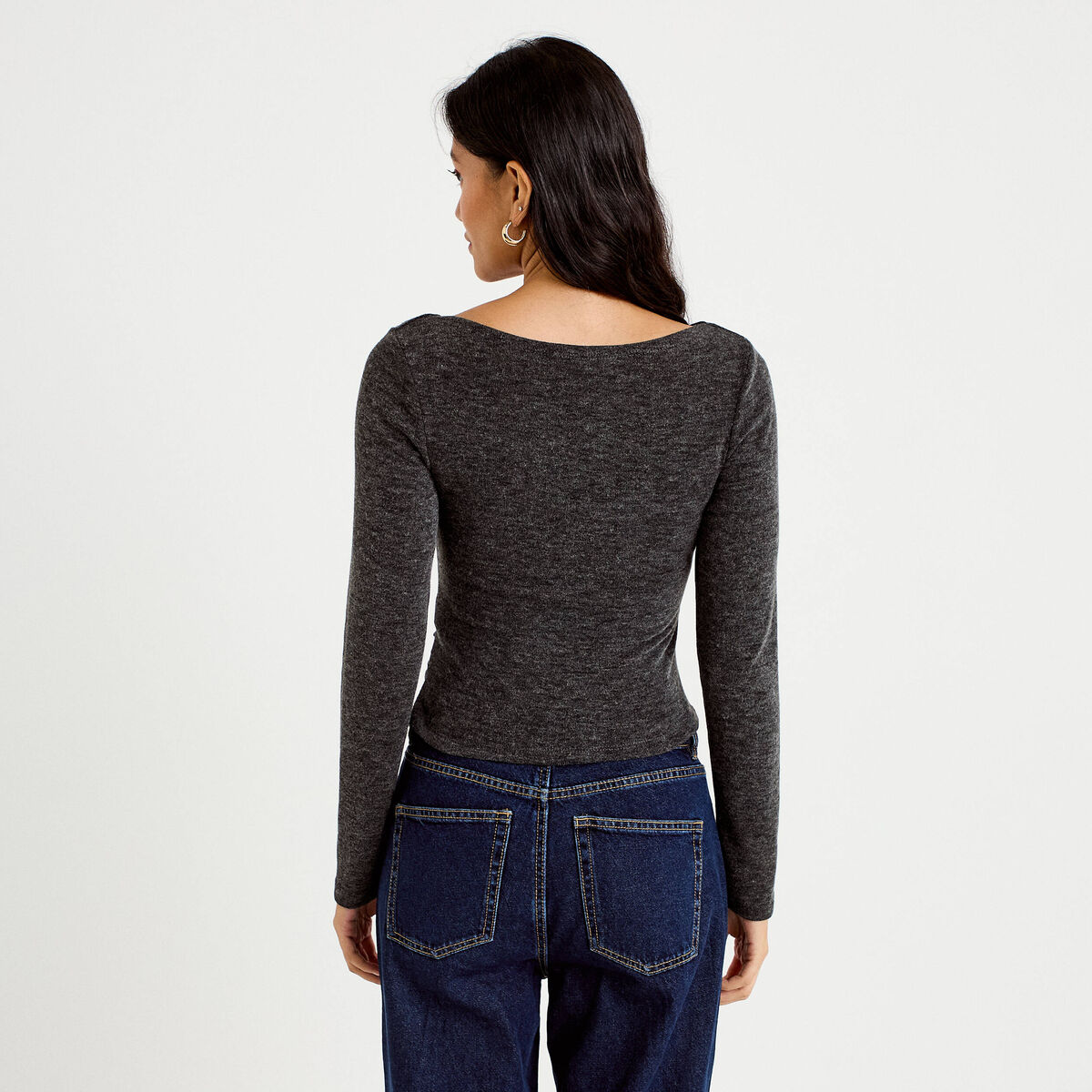 Top cintr&eacute; col bateau manches longues gris fonc&eacute; femme