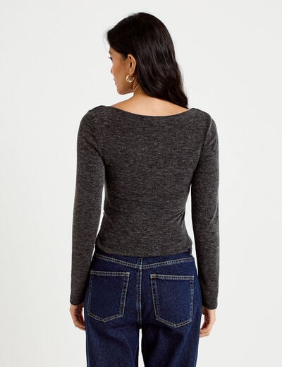 Top cintr&eacute; col bateau manches longues gris fonc&eacute; femme
