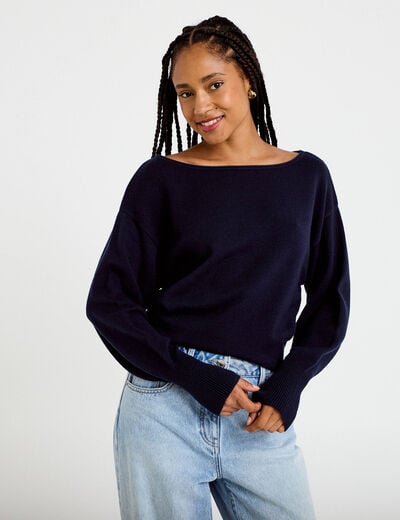 Pull oversize col bateau manches longues bleu marine femme