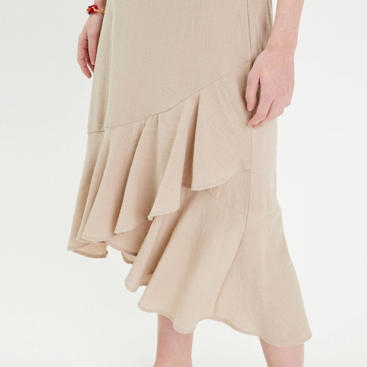 Jupe longue trap&egrave;ze volants beige femme