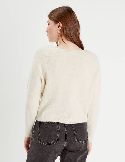 Pull manches longues col en V ecru femme