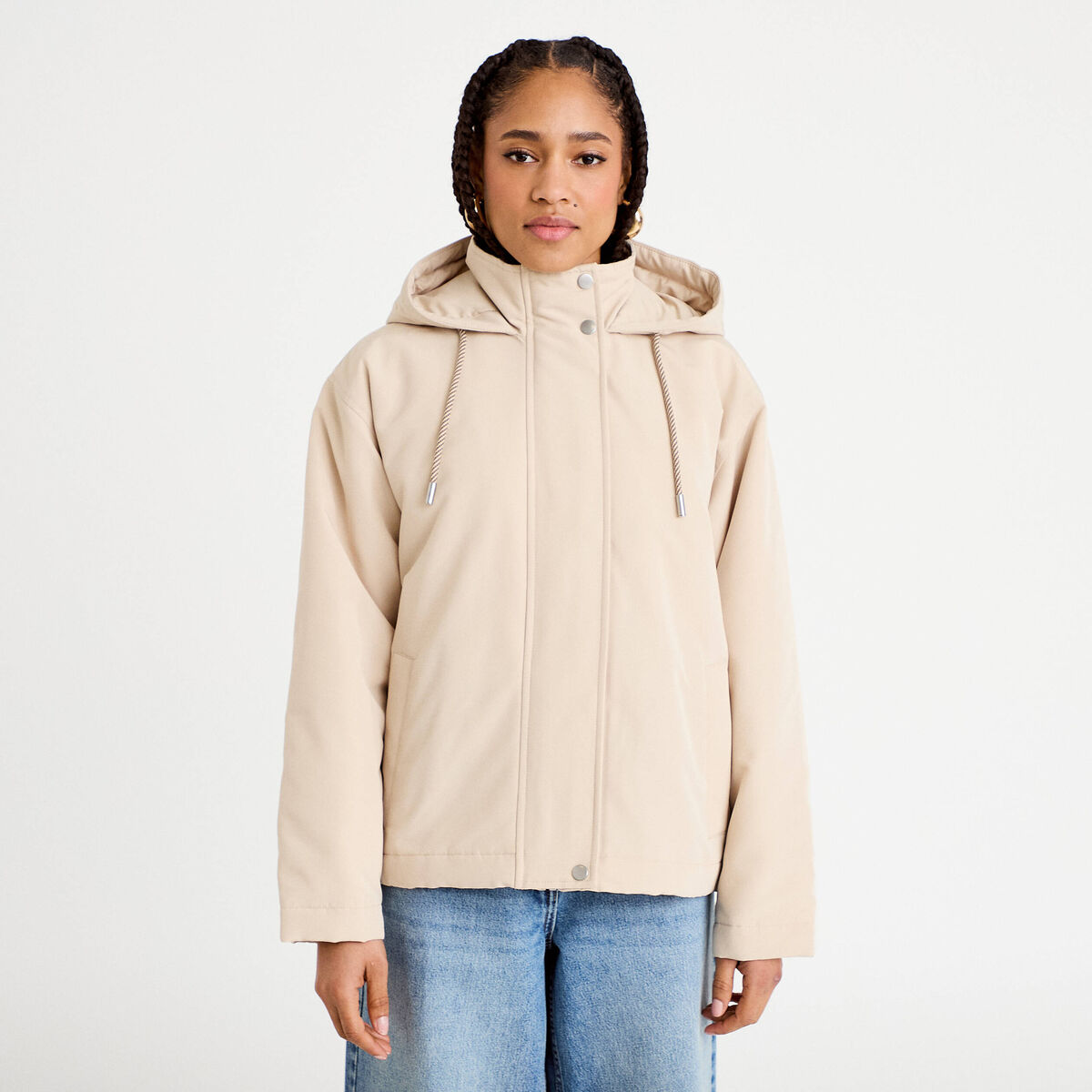 Parka courte &agrave; capuche manches longues beige femme