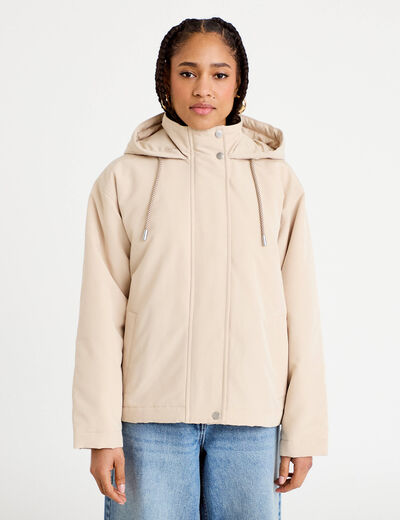 Parka courte &agrave; capuche manches longues beige femme