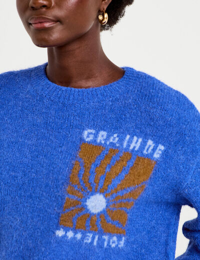 Pull ample col rond manches longues bleu electrique femme