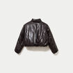 Doudoune cropped similicuir col montant marron fonc&eacute; femme