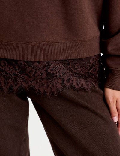 Sweat droit col rond d&eacute;tail dentelle marron fonc&eacute; femme