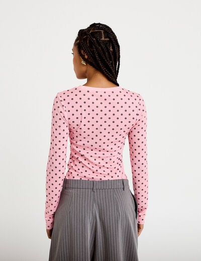 T-shirt ajust&eacute; col rond manches longues rose corail femme