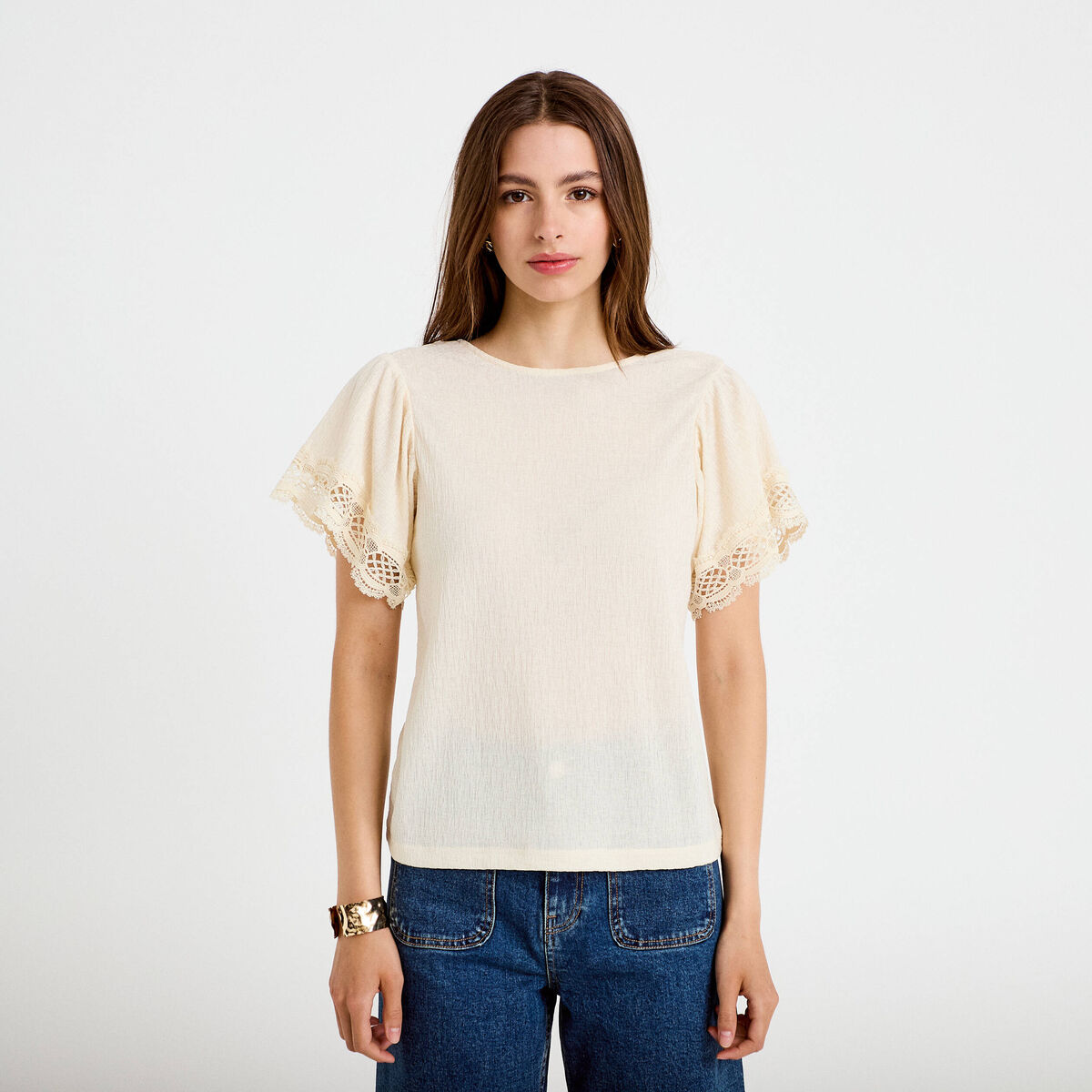 T-shirt col rond manches courtes ecru femme