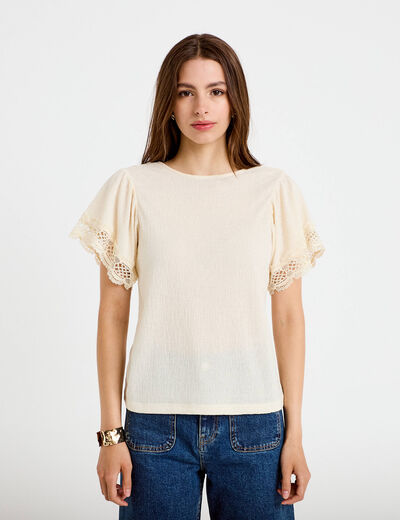 T-shirt col rond manches courtes ecru femme