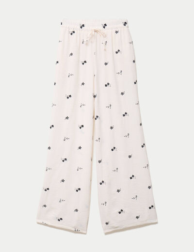 Pantalon large brod&eacute; taille standard blanc femme