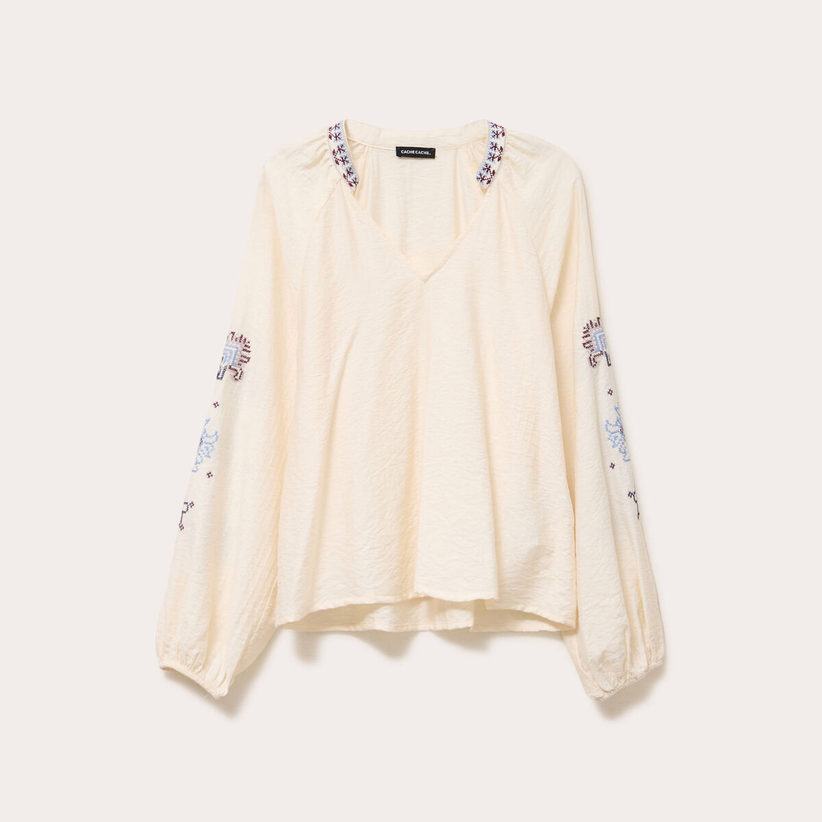 Blouse oversize col v manches longues ecru femme
