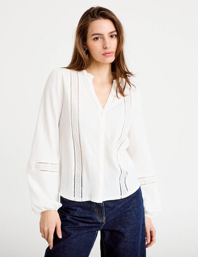Blouse broderie col V manches longues ecru femme