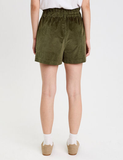 Short taille haute en velours vert kaki femme