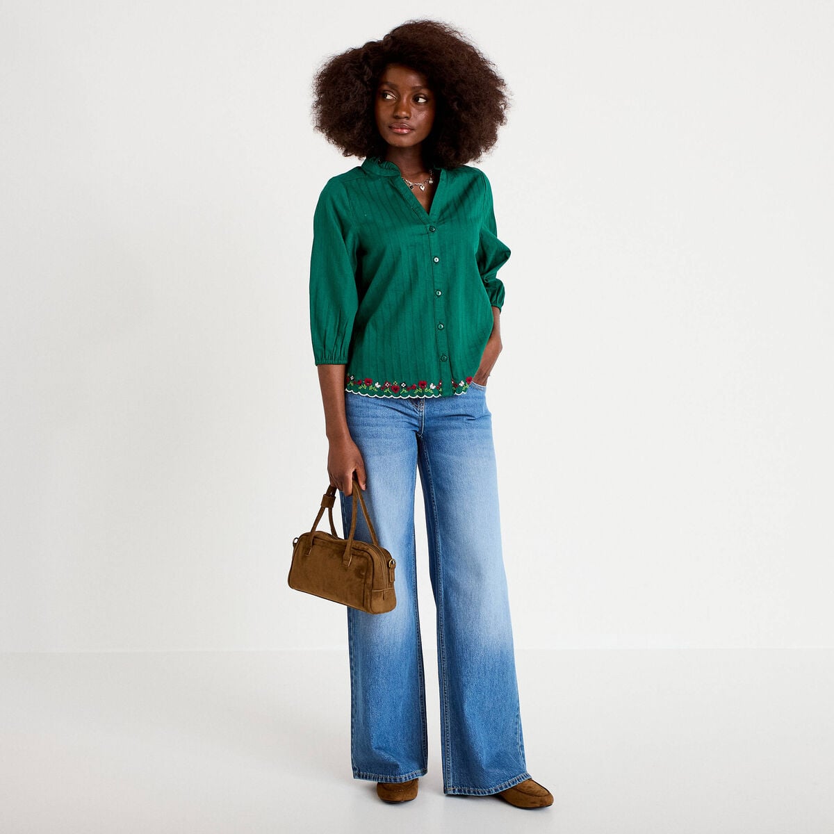 Blouse broderie col v manches 3/4 vert fonc&eacute; femme