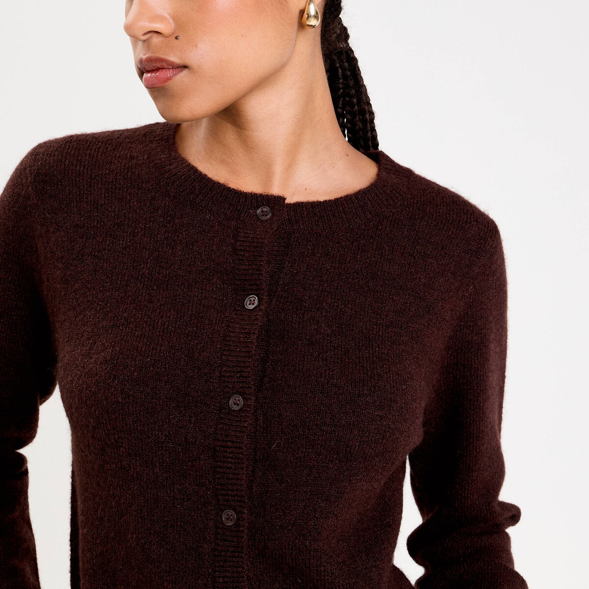 Gilet boutonn&eacute; manches longues marron fonc&eacute; femme