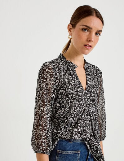 Blouse col v manches 3/4 noir femme