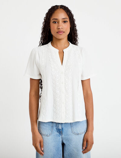 Blouse plastron brod&eacute; manches courtes ecru femme