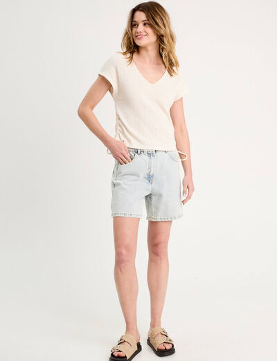 T-shirt ajour&eacute; d&eacute;tails cordons ecru femme