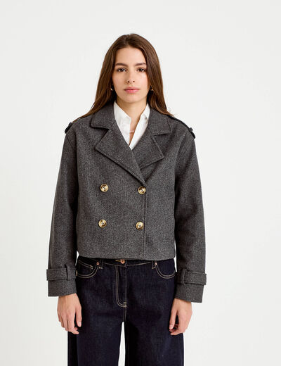 Trench court boutonn&eacute; gris femme