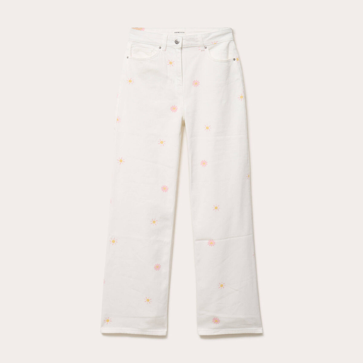 Jean wide leg taille haute &agrave; motif blanc femme
