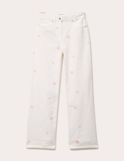 Jean wide leg taille haute &agrave; motif blanc femme