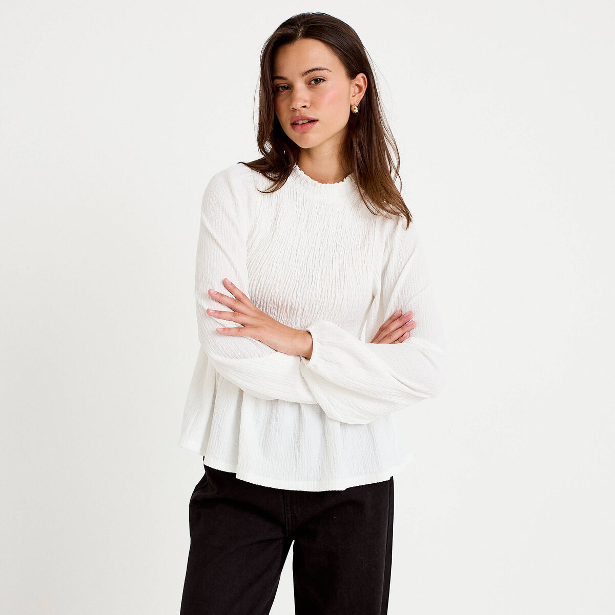Blouse p&eacute;plum manches longues pliss&eacute;e ecru femme