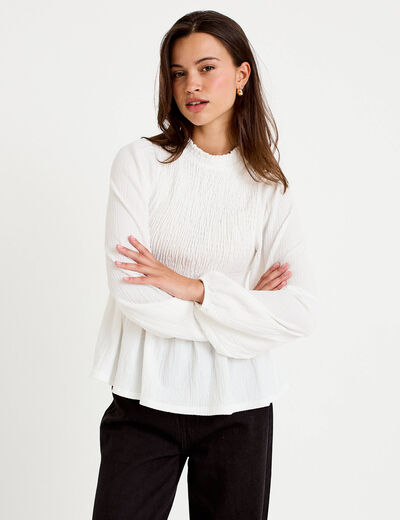 Blouse p&eacute;plum manches longues pliss&eacute;e ecru femme