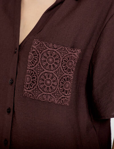 Chemise droite cropped manches courtes marron fonc&eacute; femme