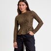 Blouse ajust&eacute;e col rond manches longues vert kaki femme