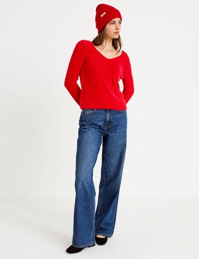Pull col v manches longues perles rouge femme