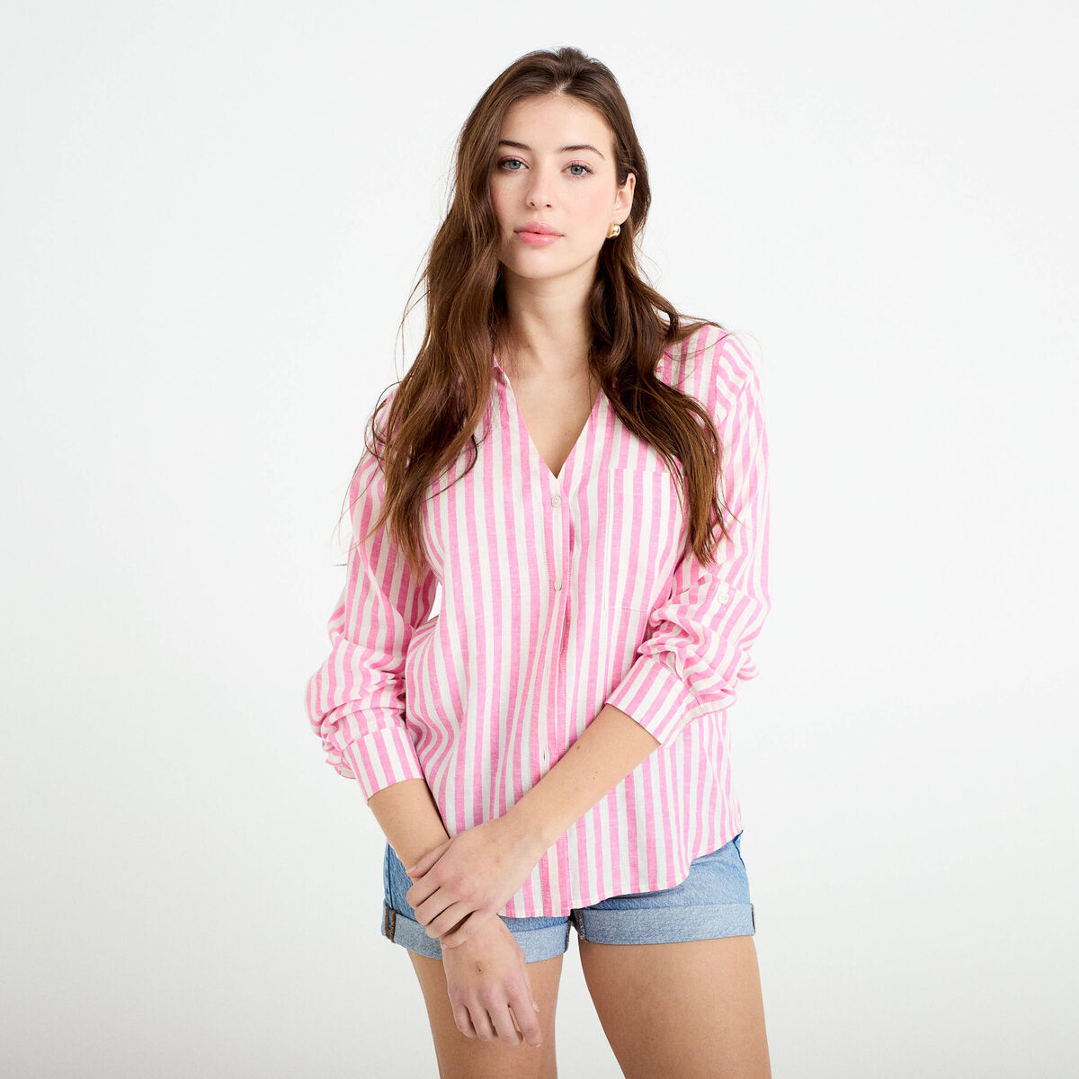 Chemise lin col V manches longues rose femme