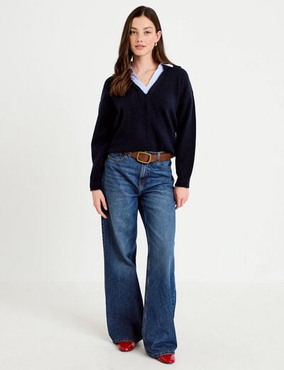 Pull effet 2-en-1 bleu marine femme