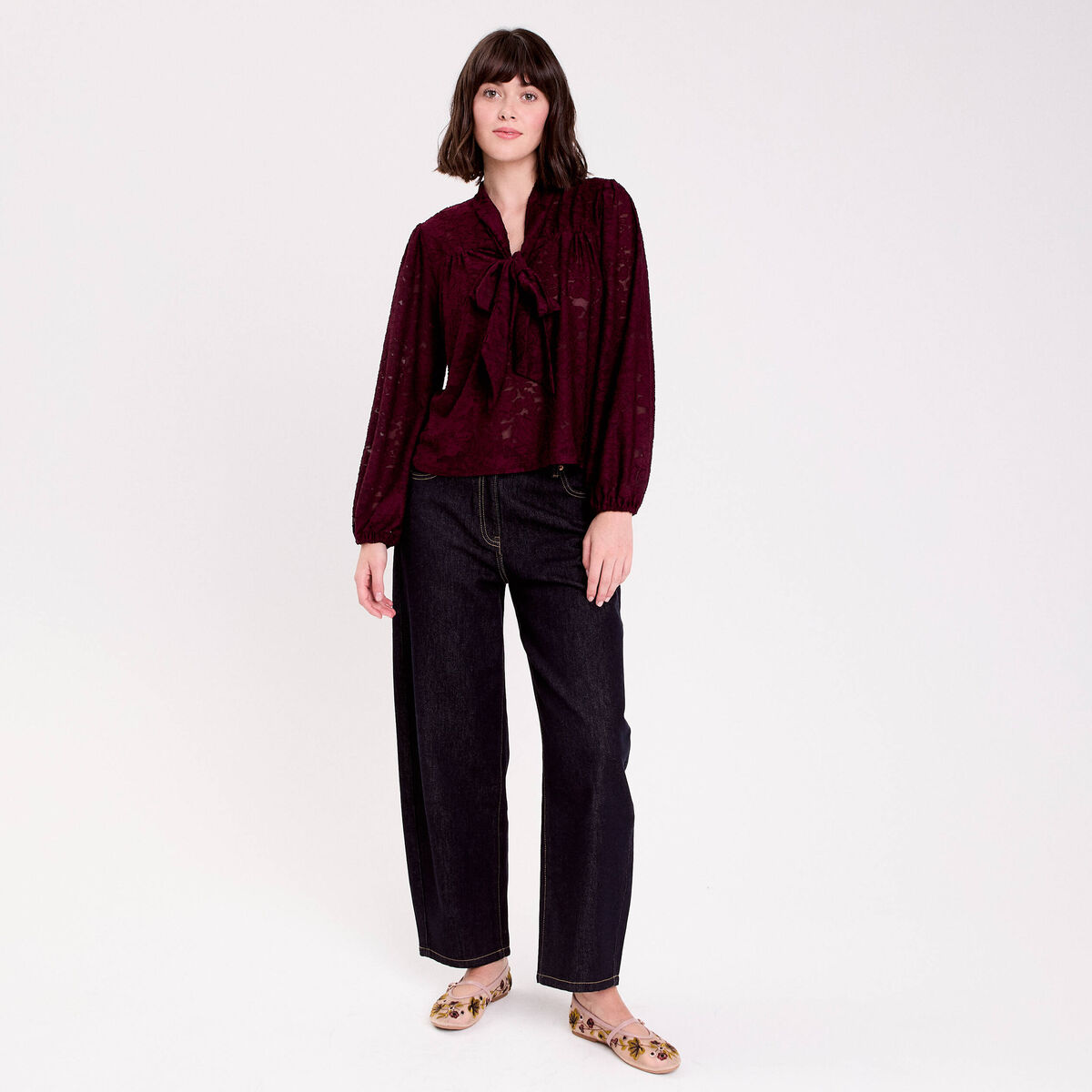 Blouse col lavalli&egrave;re bordeaux femme
