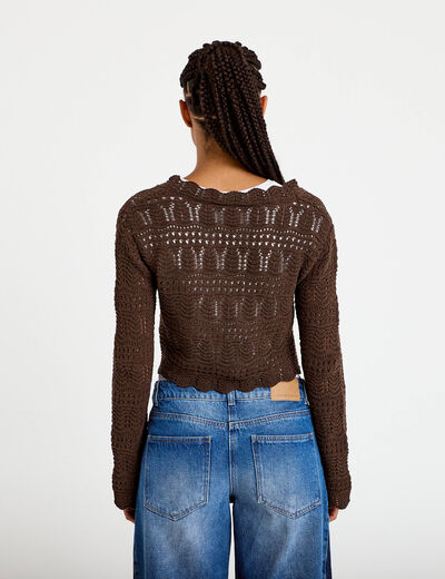 Gilet ajour&eacute; nou&eacute; marron fonc&eacute; femme