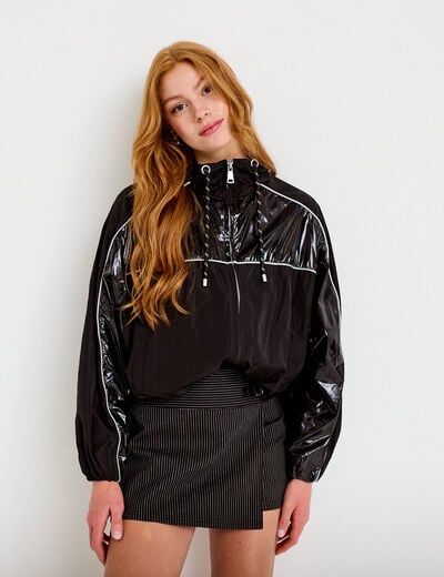 Coupe-vent oversize cropped bi-mati&egrave;re noir femme