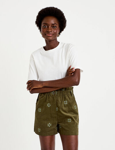 Short taille haute en velours brod&eacute; vert kaki femme