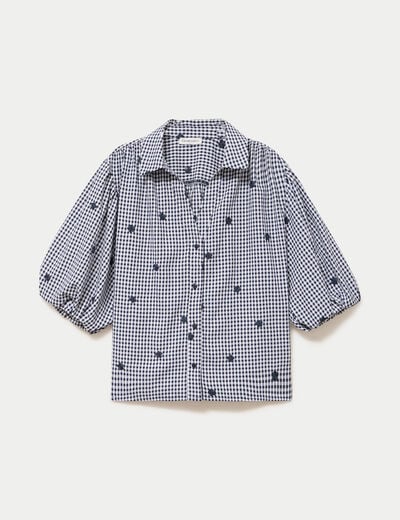 Chemise droite col classique manches 3/4 bleu marine femme