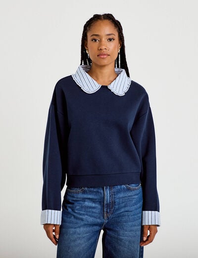 Sweat col chemise manches longues bleu marine femme