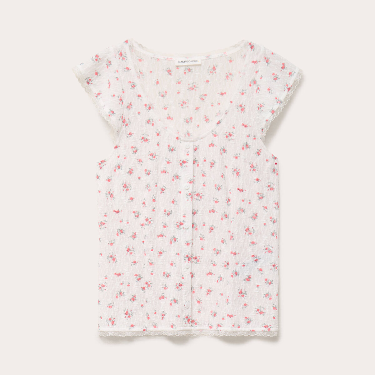 Top boutonn&eacute; d&eacute;tails dentelle blanc femme